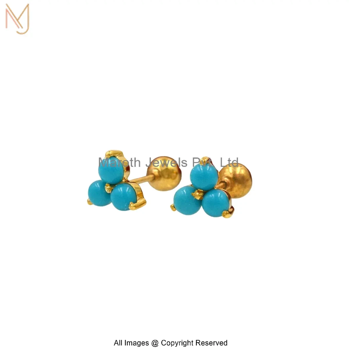 14K Yellow Gold Turquoise Trinity Stud Earrings Manufacturer