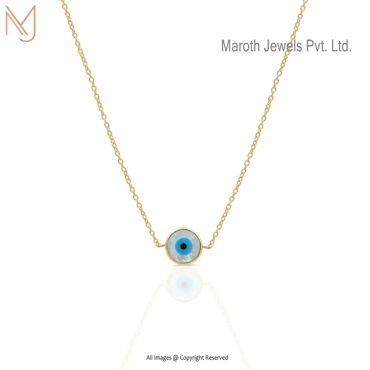 Wholesale 14k Yellow Gold Mother Of Pearl & Enamel Evil Eye Pendant Chain Necklace