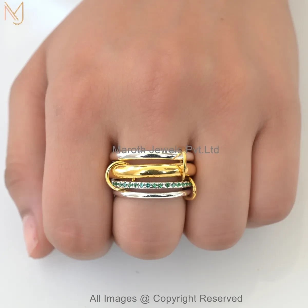 14K Yellow Gold Diamond Cubic Zircon Gemstone Two Tone Multi Band Connector Ring USA