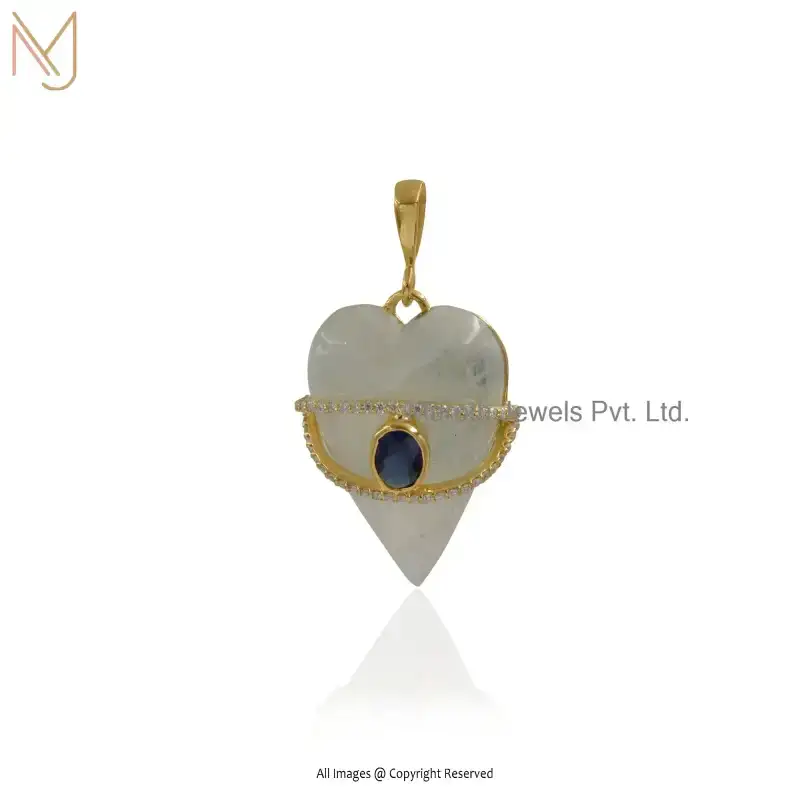 925 Silver Yellow Gold Plated Labradorite & Moissanite & Blue CZ Evil Eye Gemstone Carved Heart Pendant USA