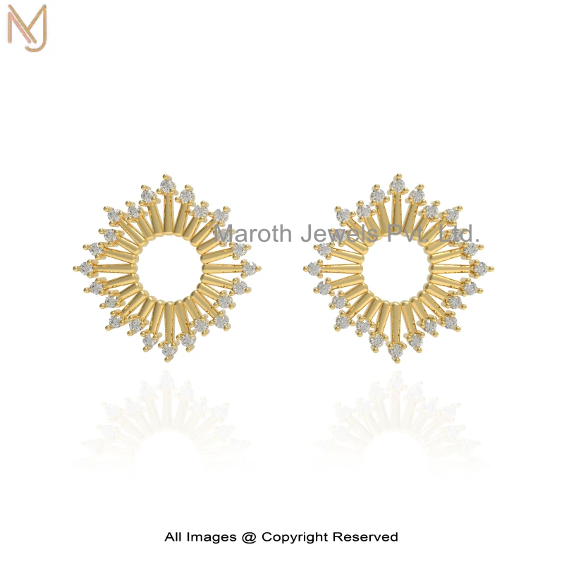 14K Yellow Gold Diamond Cubic Zircon Sunburst Stud Earring Jewelry Supplier