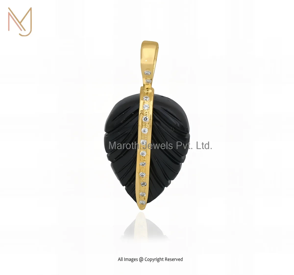 14K Yellow Gold Black Onyx And Cubic Zircon Leaf Pendant Jewelry Supplier
