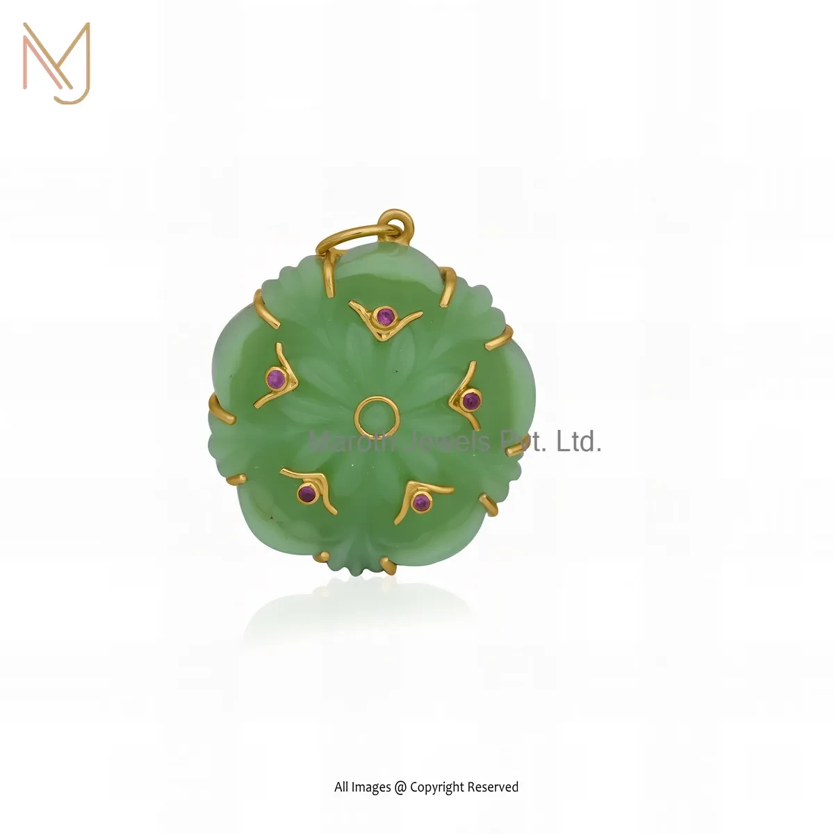 Private Lable 925 Silver Yellow Gold Plated Ruby Cubic Zircon & Green Opal Gemstone Flower Pendant