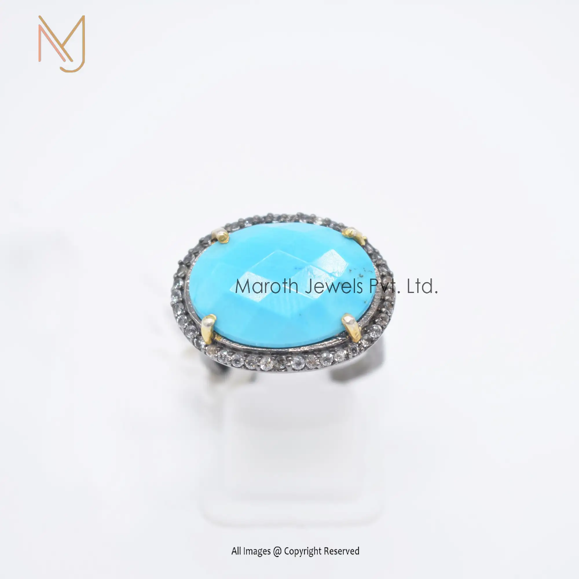 14k Yellow Gold Pave Diamond Oval Faceted Turquoise Gemstone Ringlesale Wholesale