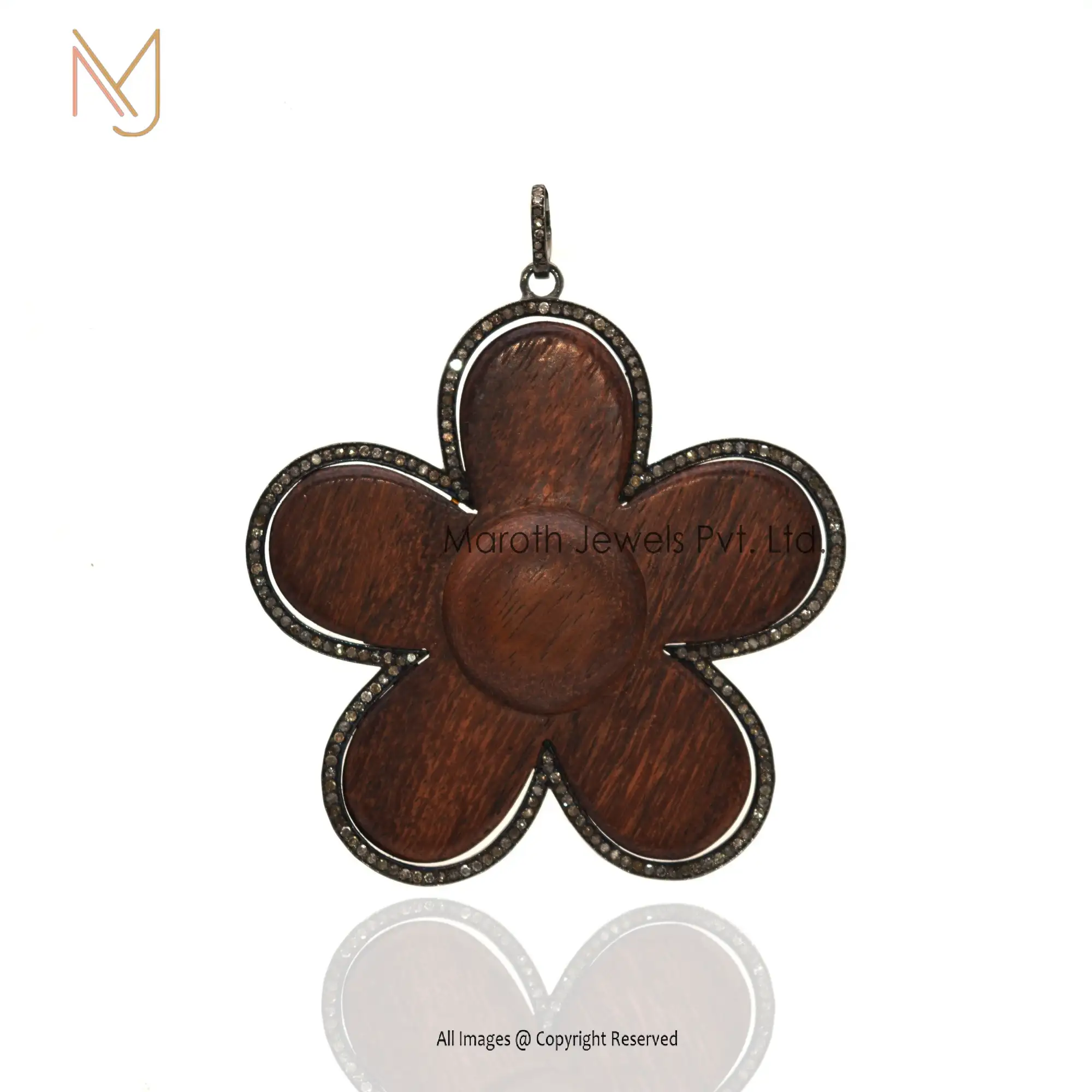 925 Silver Wooden Designs Pave Diamond Flower Pendant Jewelry Manufacturer