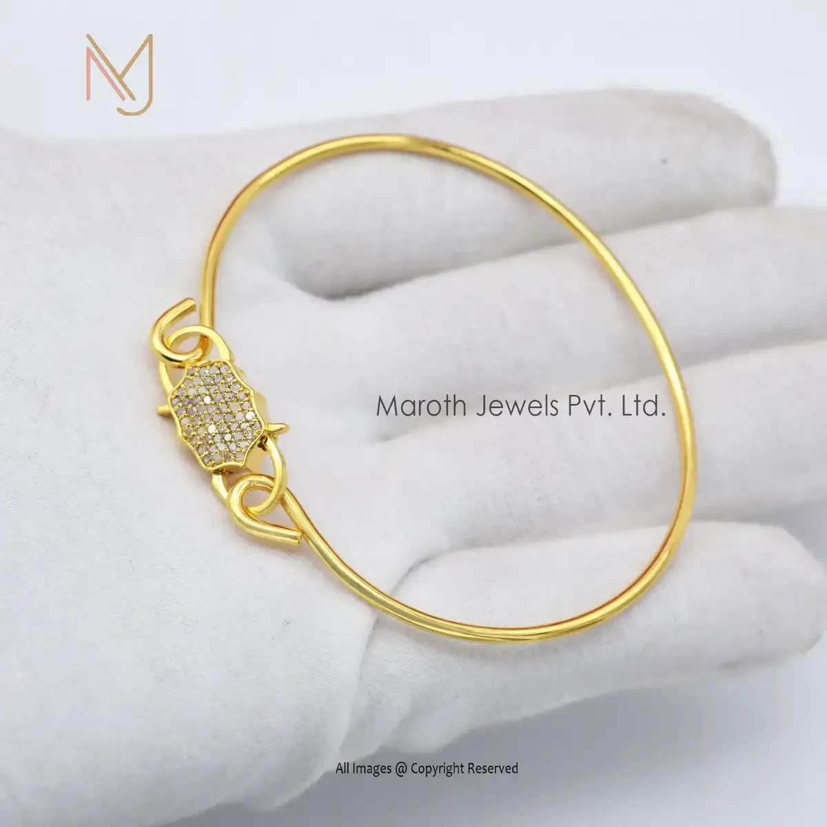 14K Yellow Gold Pave Diamond Padlock Cuff Bangle Vintage Jewelry Manufacturer