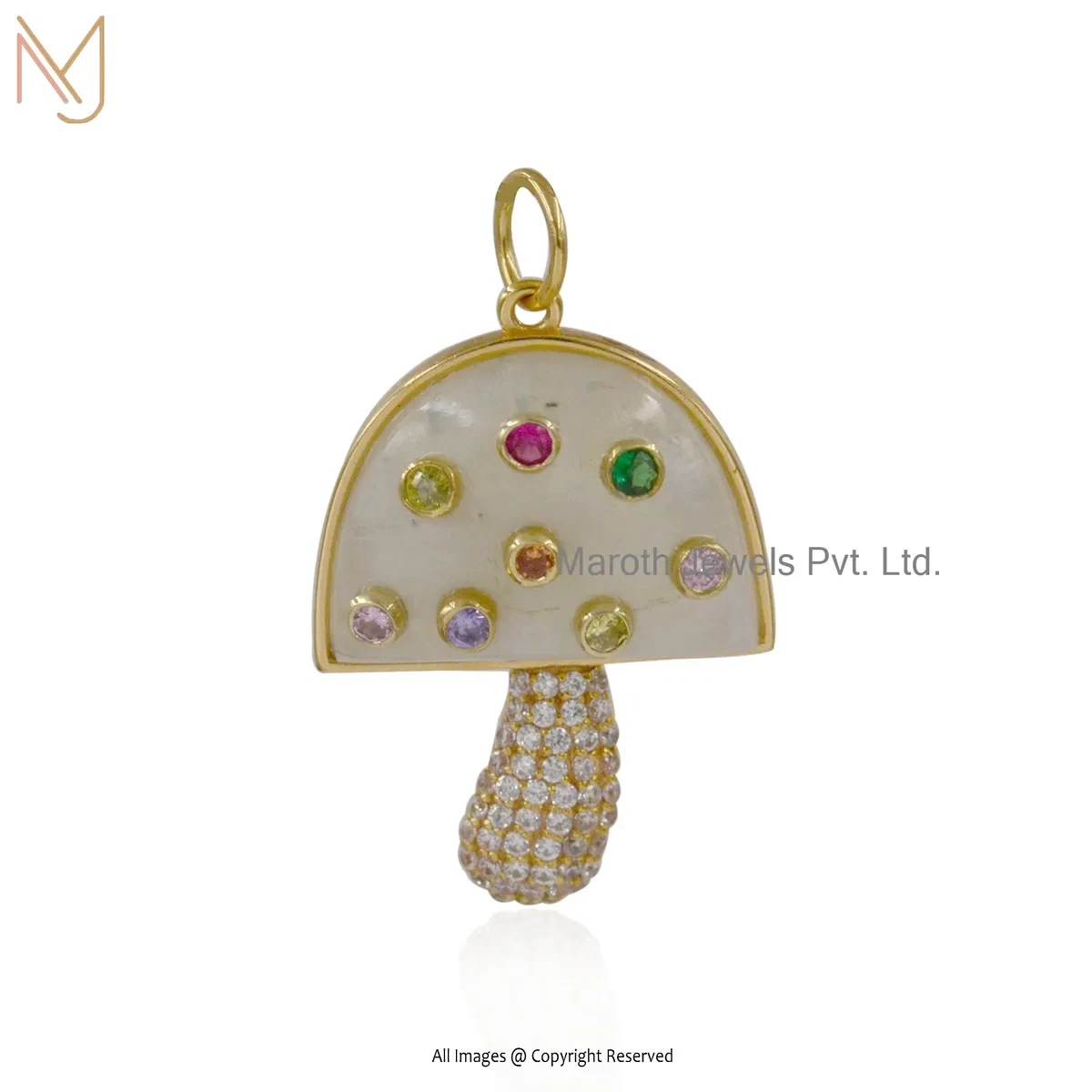 Wholesale 14K Yellow Gold Moonstone And Multi Cubic Zircon Mushroom Pendant