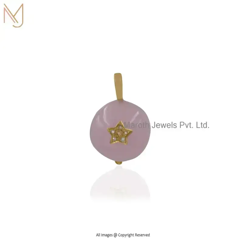 925 Silver Yellow Gold Plated Rose Quartz & Diamond Round Ball Pendant Custom Jewelry