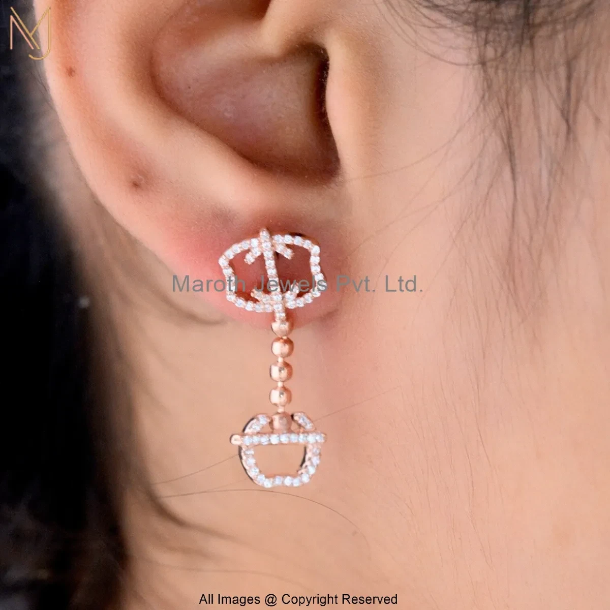 14K Rose Gold Double Halo Frame Drop Earrings Custom Jewelry