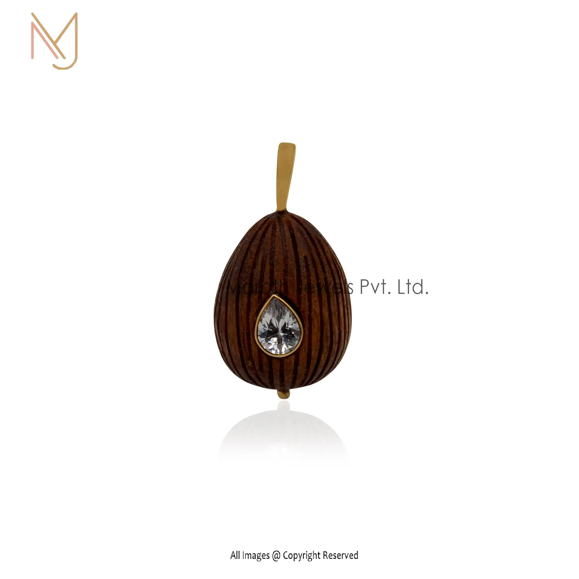 14K Yellow Gold Wood & Cz Ball Charms Pendant Jewelry Supplier