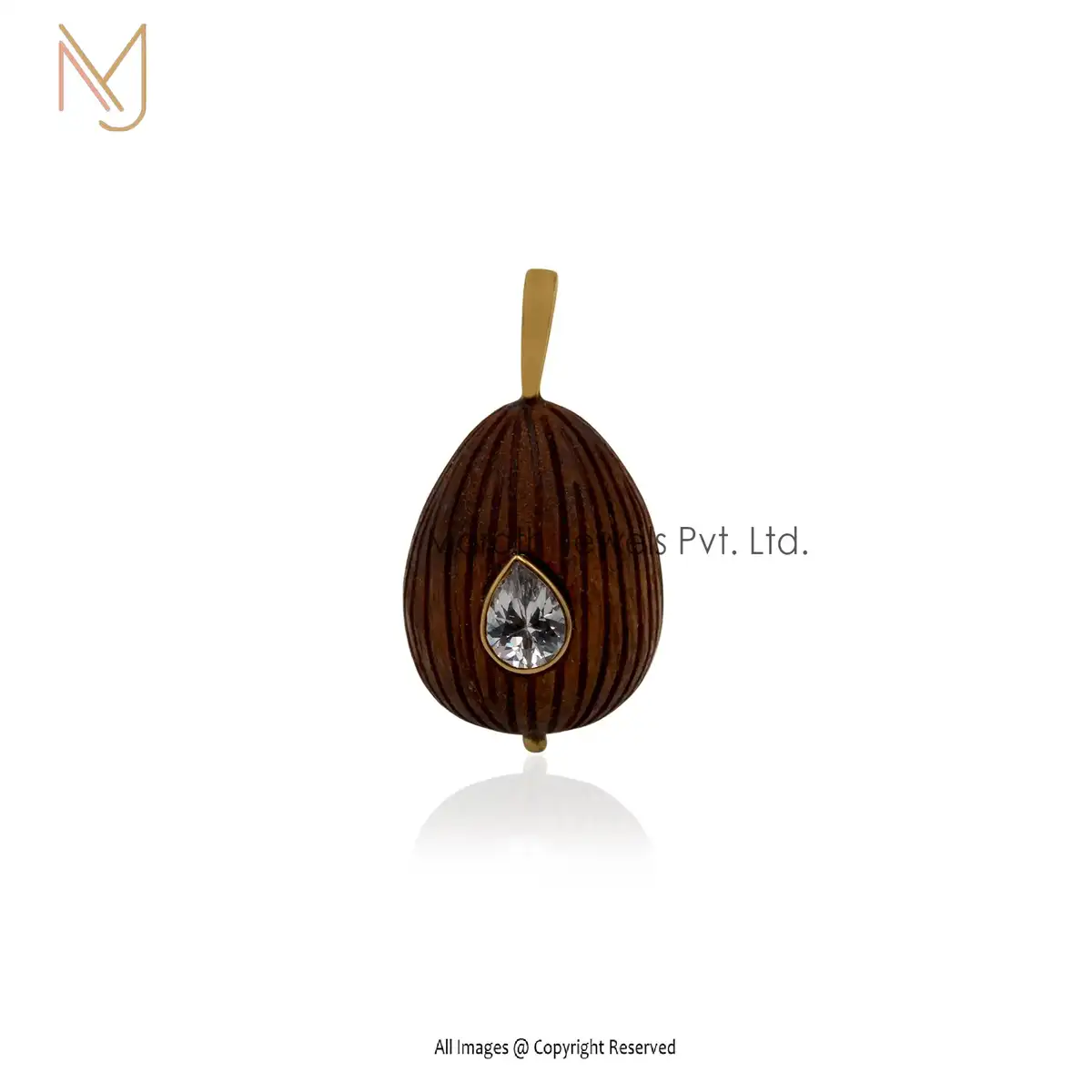 925 Silver Yellow Gold Plated Wood & CZ Ball Charms Pendant Custom Jewelry