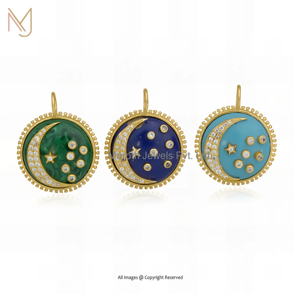 Wholesale 925 Silver Yellow Gold Plated Moissanite & Black Onyx Gemstone Star Moon Pendant