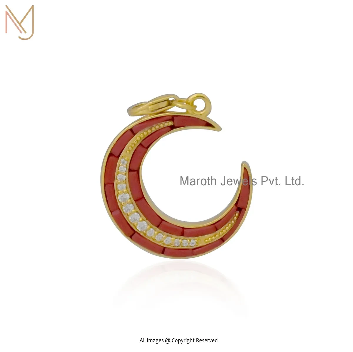 Private Lable 925 Silver Yellow Gold Plated Red Coral And Moissanite Moon Pendant