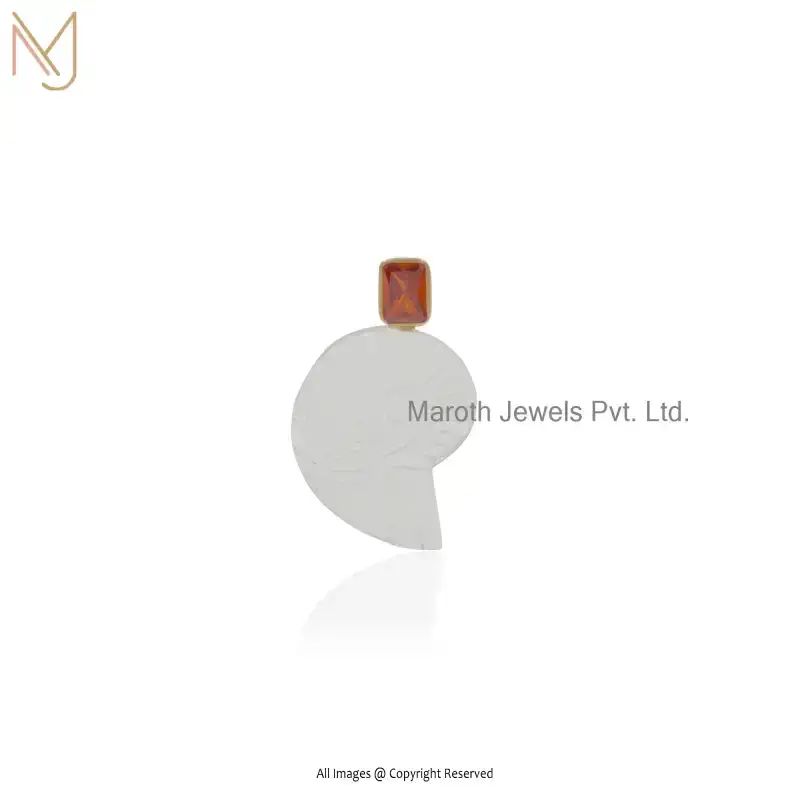 925 Silver Yellow Gold Plated Clear Quartz Small Stone Orange CZ Gemstone Shell Pendant USA