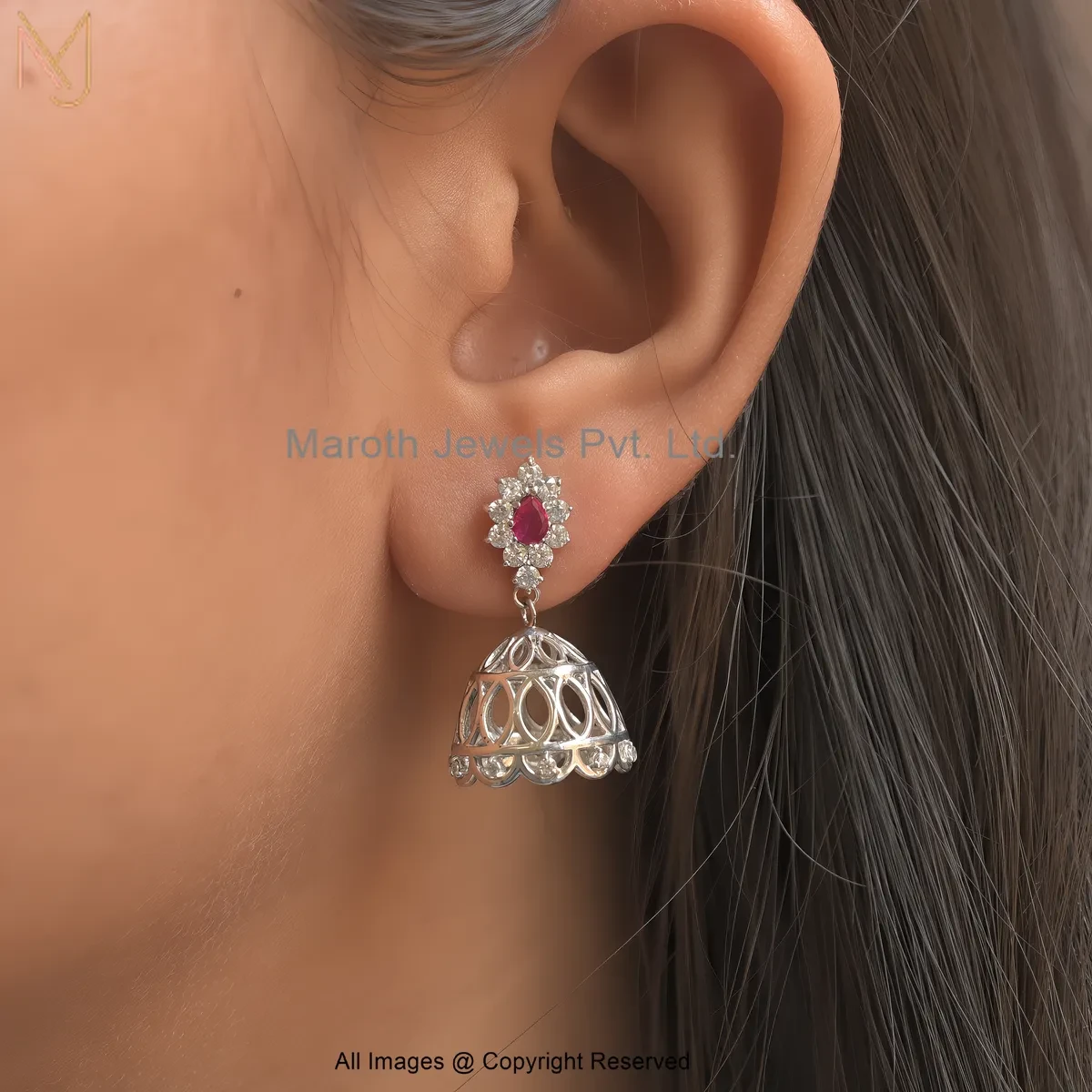14K Yellow Gold Ruby Cubic Zircon Jhumka Earring Jewelry Supplier