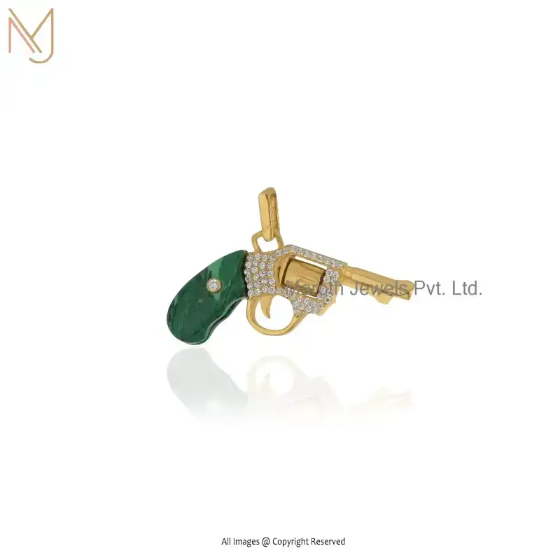 Private Lable 14K Yellow Gold Malachite And White CZ Gun Gemstone Pendant