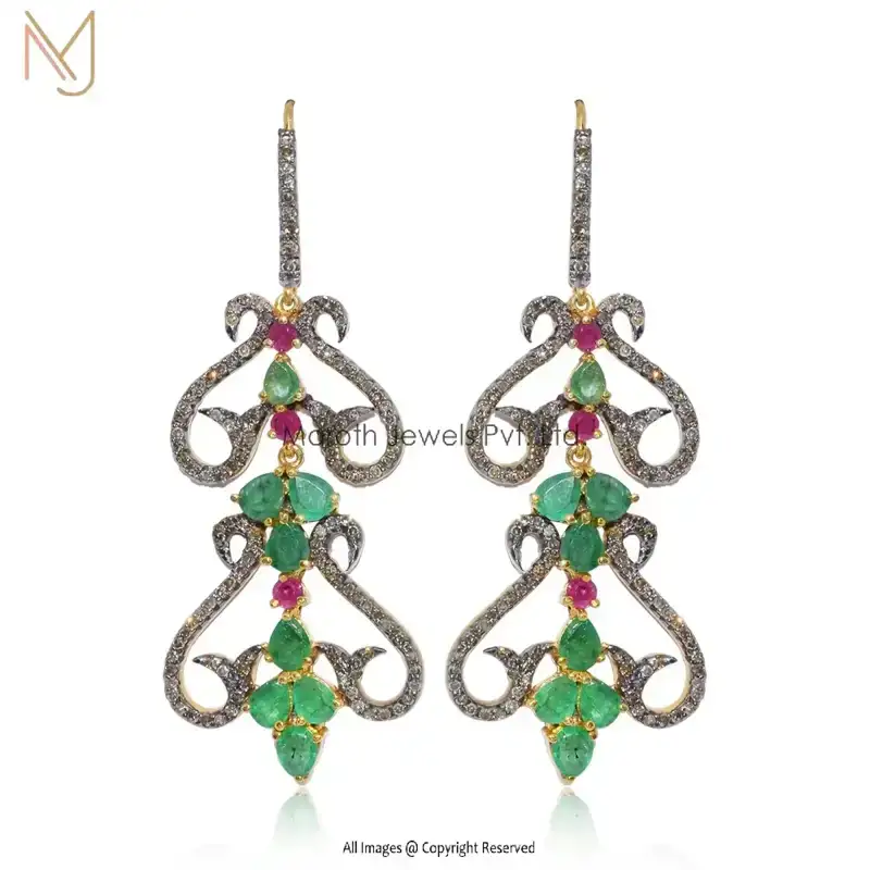 925 Silver Black Rhodium Yellow Gold Plated Pave Diamond Ruby Gemstone Emerald Earrings