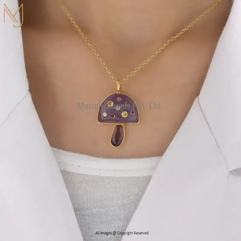 925 Silver Yellow Gold Plated Amethyst & Multi Gem Stone Mushroom Pendant USA