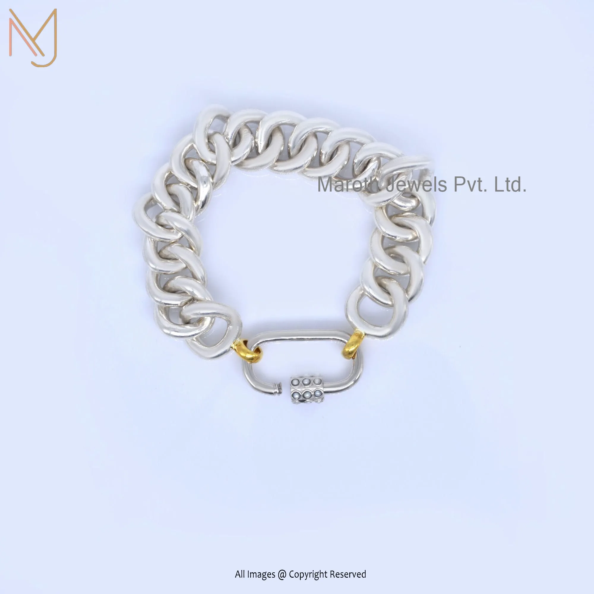 14k Yellow Gold Chain Pearl Gemstone Custom Jewelry Carabiner Lock Chain Bracelet