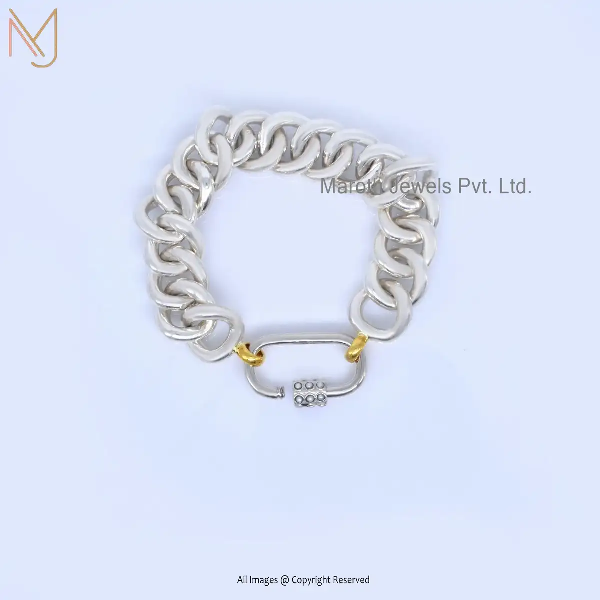 925 Silver White Gold & Yellow Gold Chain Pearl Gemstone Carabiner Lock Chain Bracelet USA