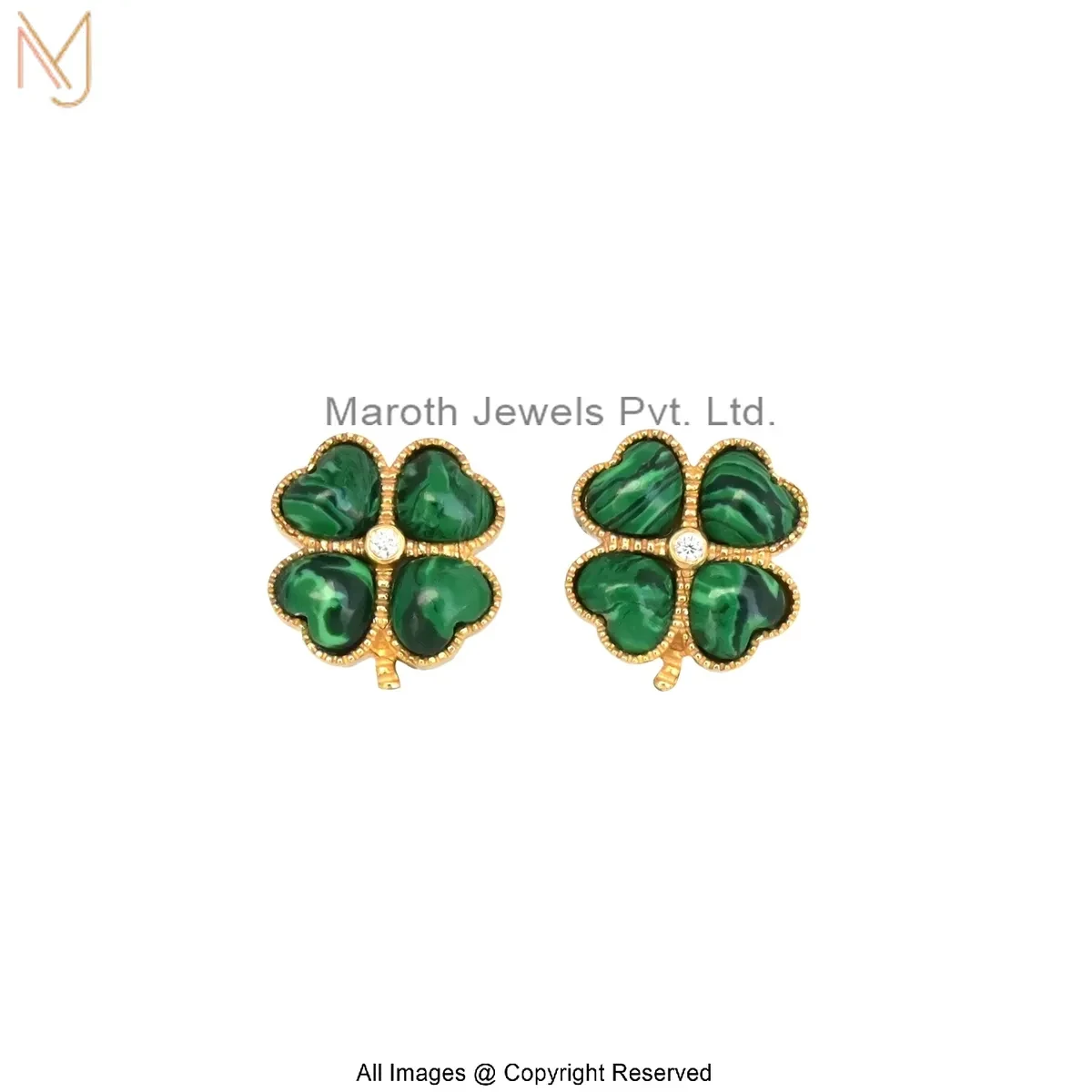 925 Silver Yellow Gold Plated Moissanite Malachite Four Clover Leaf Stud Earring Manufacturer
