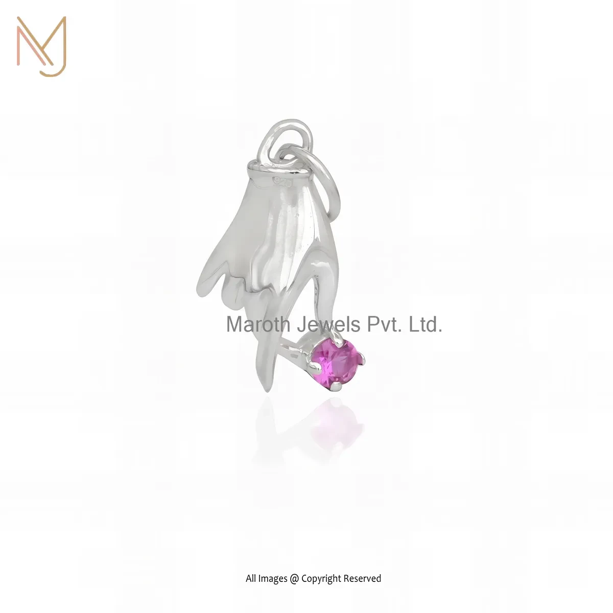 Wholesale 14K Yellow Gold Pink Sapphire Mano Fico Figa Pendant Jewelry