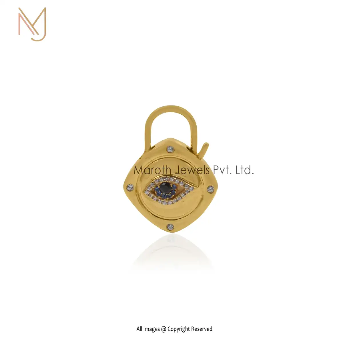 Wholesale 925 Sterling Silver Yellow Gold Plated White CZ And Blue CZ Eye Padlock Pendant Jewelry