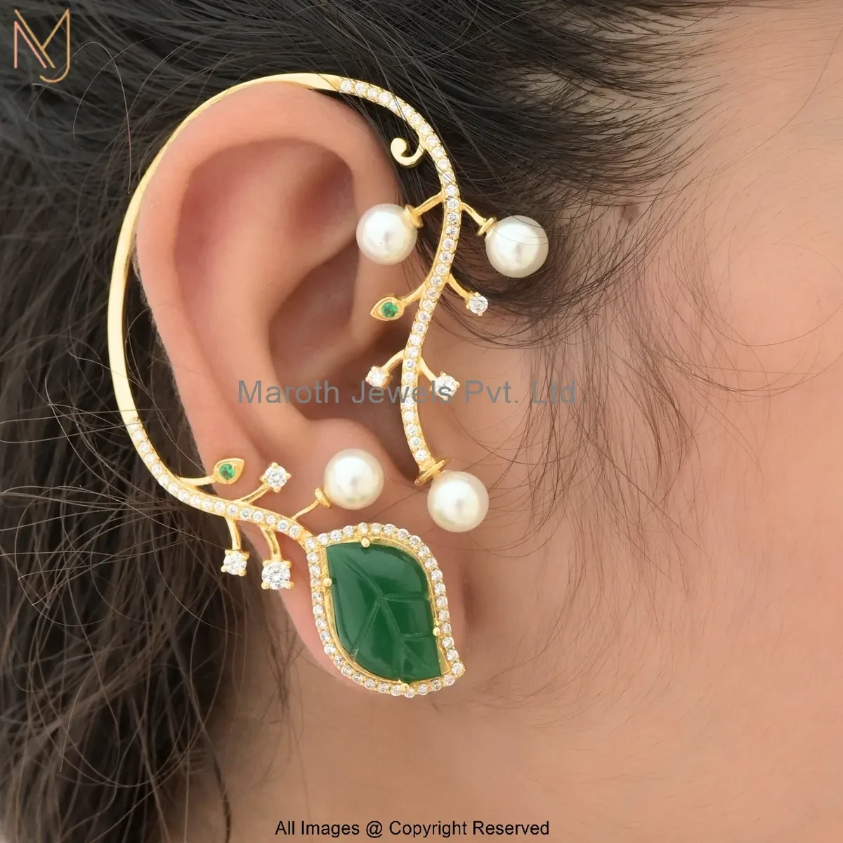 925 Silver Yellow Gold Plated Cubic Zircon Emerald Pearl Vine Ear Cuff Earring Custom Jewelry