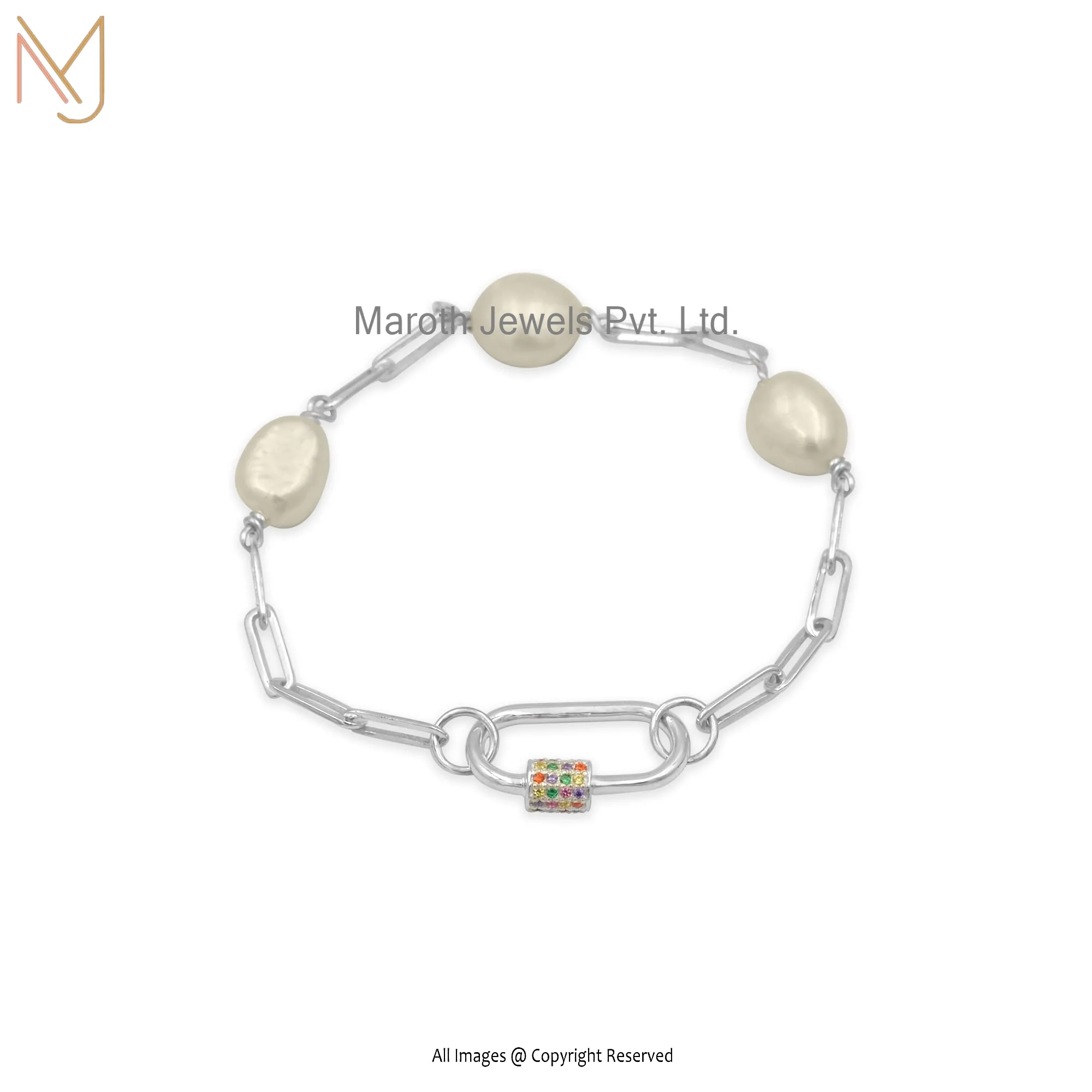 Wholesale 14k Yellow Gold Pearl Gemstone Chain Multi Sapphire Gemstone Carabiner Bracelet