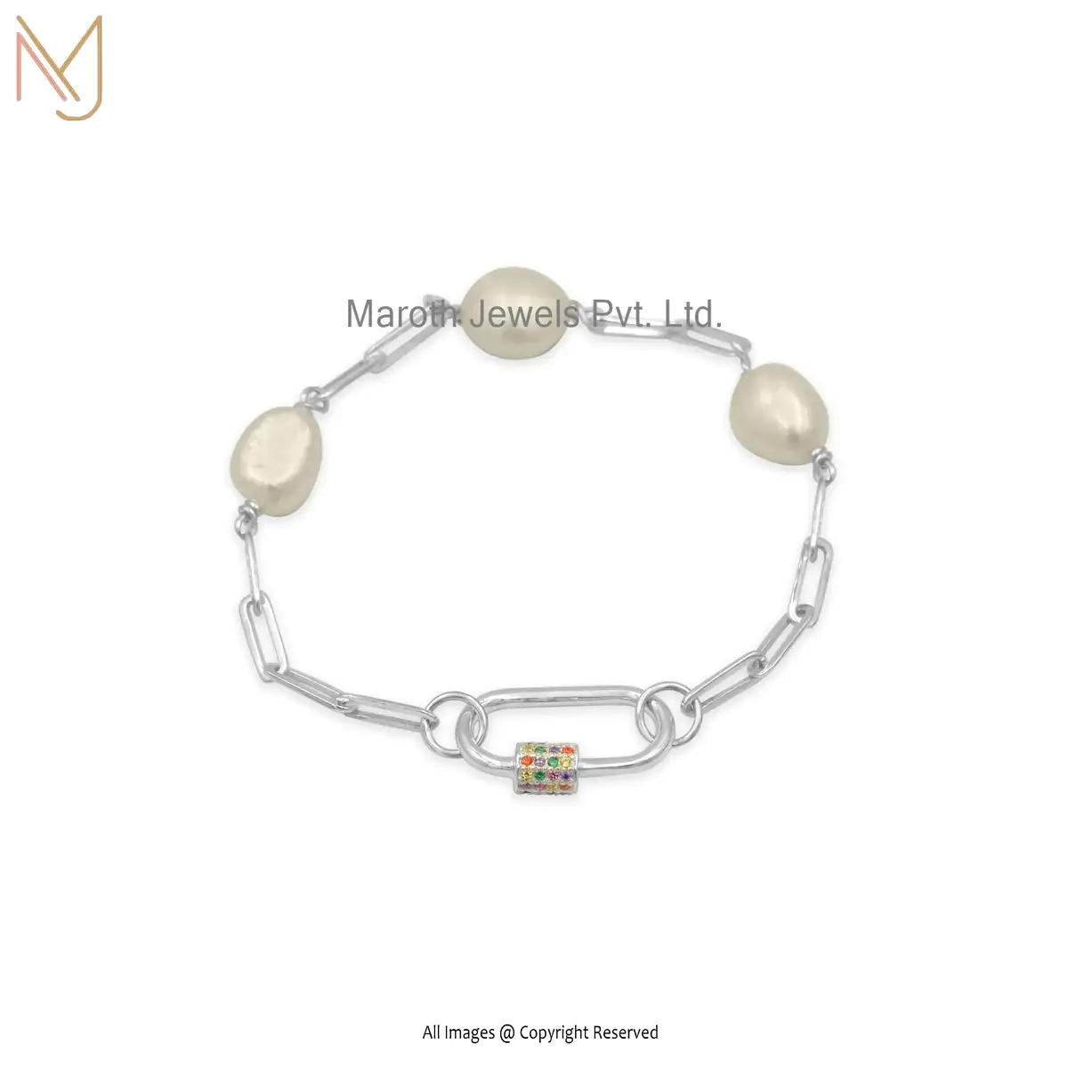 925 Silver Natural Silver Pearl Gemstone Chain Multi Sapphire Gemstone Carabiner Bracelet Custom Jewelry
