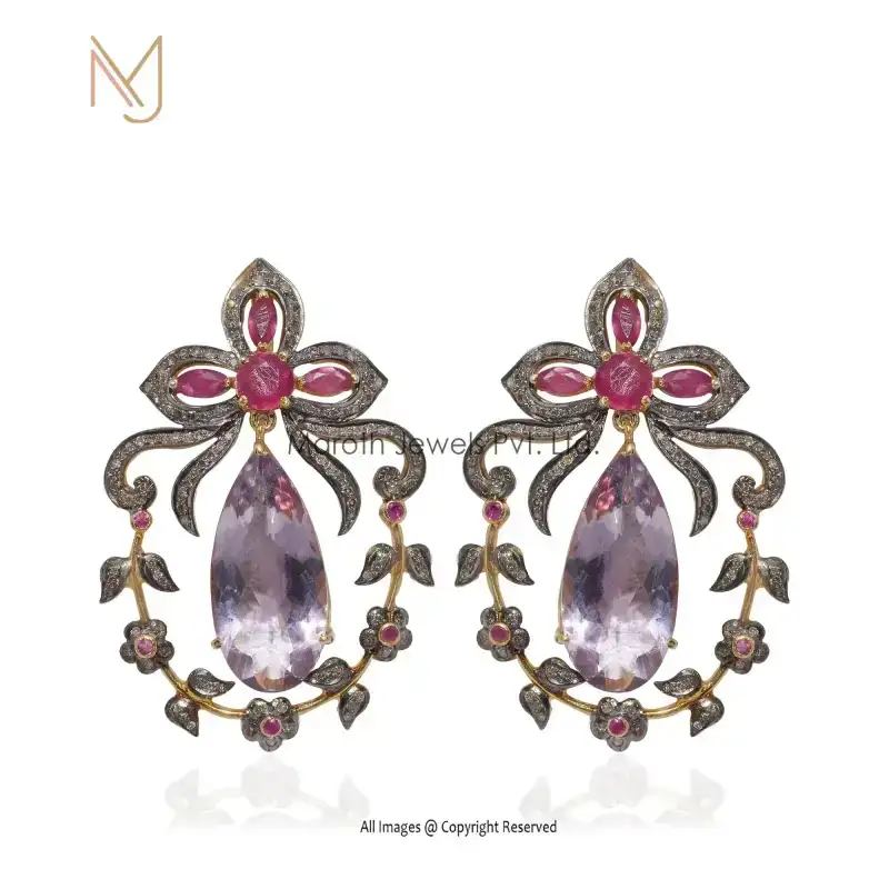 92.5 Silver Rhodium Yellow Gold Plated Pave Diamond Ruby Gemstone Pink Amethyst Gemstone Earrings Manufecturer