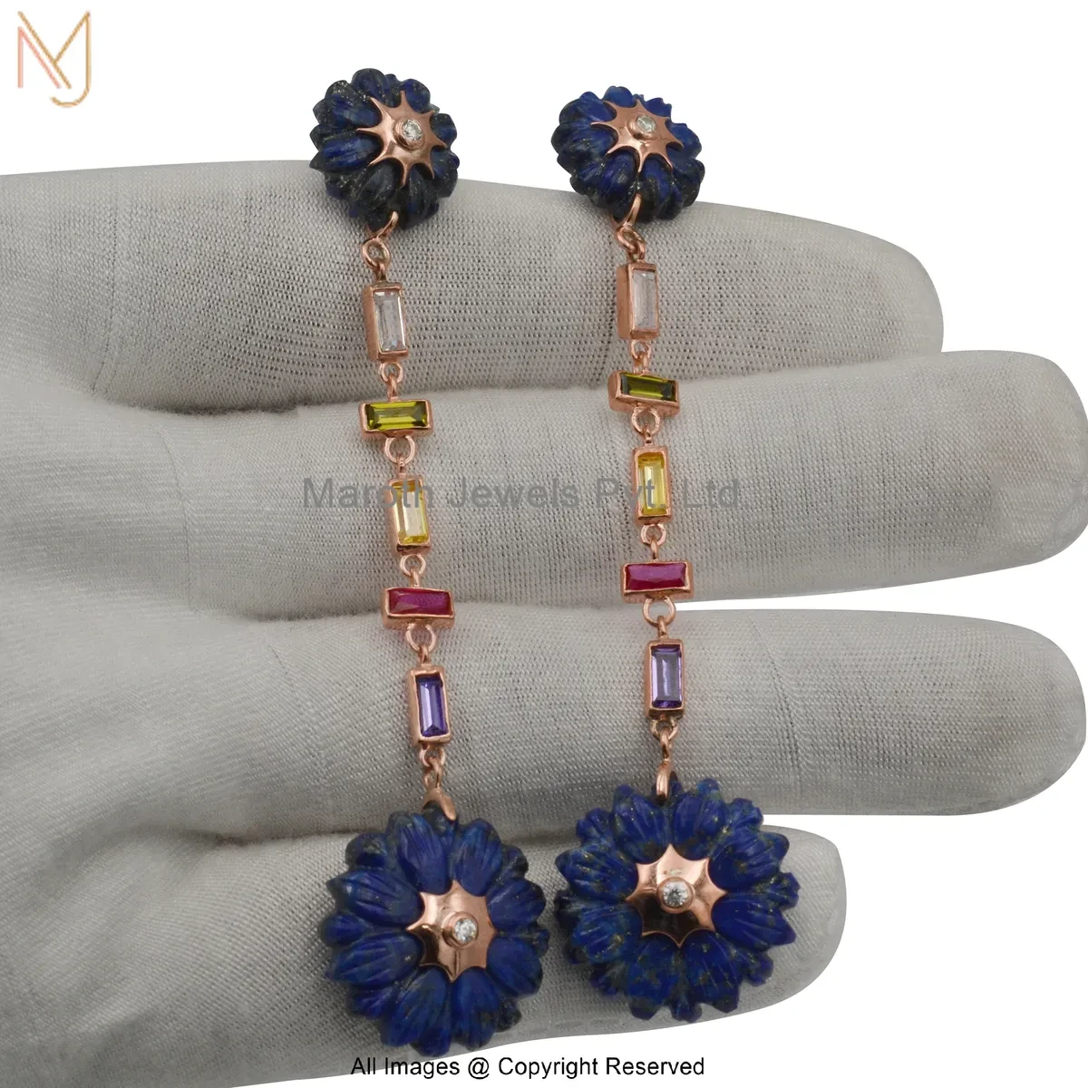 Private Lable 14K Yellow Gold Multi Cubic Zircon Neelkamal Bloom Gemstone Drop Earrings