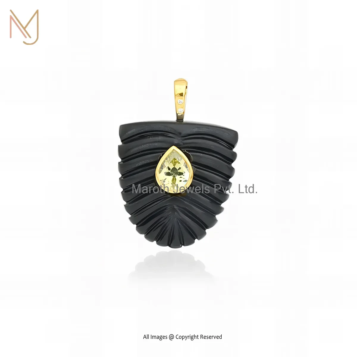 14K Yellow Gold Black Onyx And Peridot & Cubic Zircon Shield Pendant Manufacturer