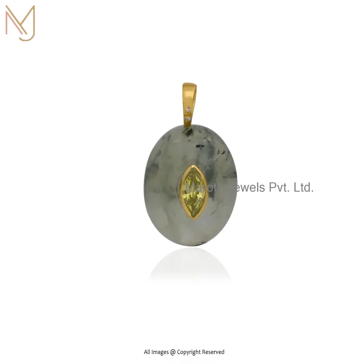 925 Silver Yellow Gold Plated Cubic Zircon & Prehnite And Peridot Oval Pendant Manufacturer
