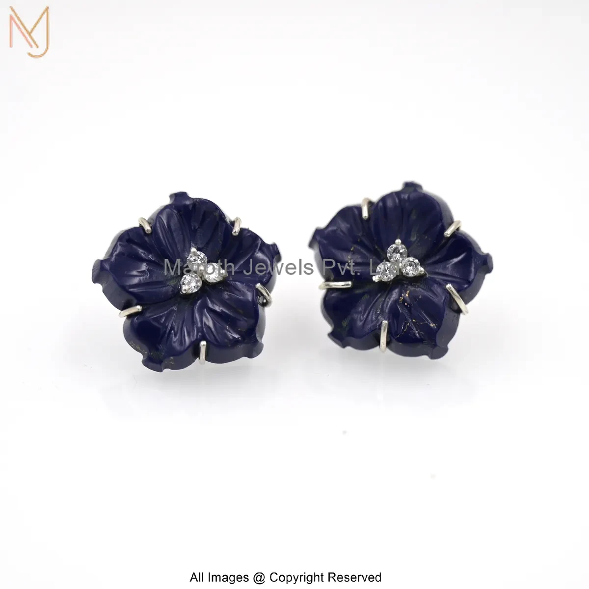 925 Silver Natural Silver Plated Cubic Zircon Lapiz Lazuli Carved Flower Stud Earring Manufacturer