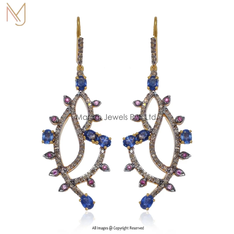 92.5 Silver Rhodium Yellow Gold Plated Pave Diamond Blue Sapphire & Pink Tourmaline Gemstone Earrings