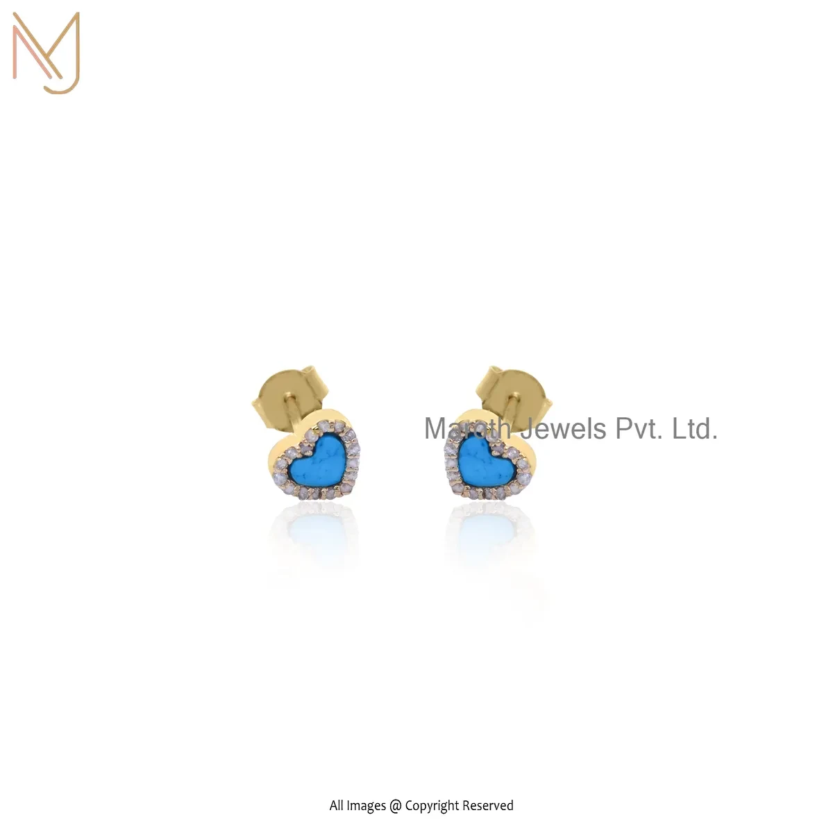 14K Yellow Gold Diamond And Turquoise Gemstone Heart Stud Earring Manufacturer