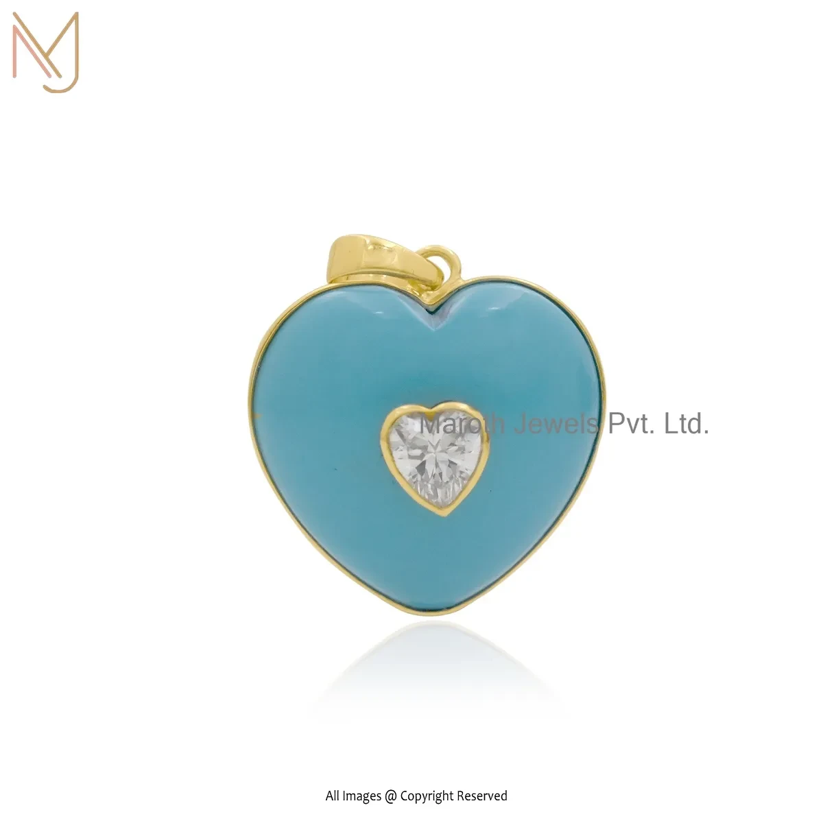 Private Lable 925 Silver Yellow Gold Plated Cubic Zircon & Turquoise Heart Pendant