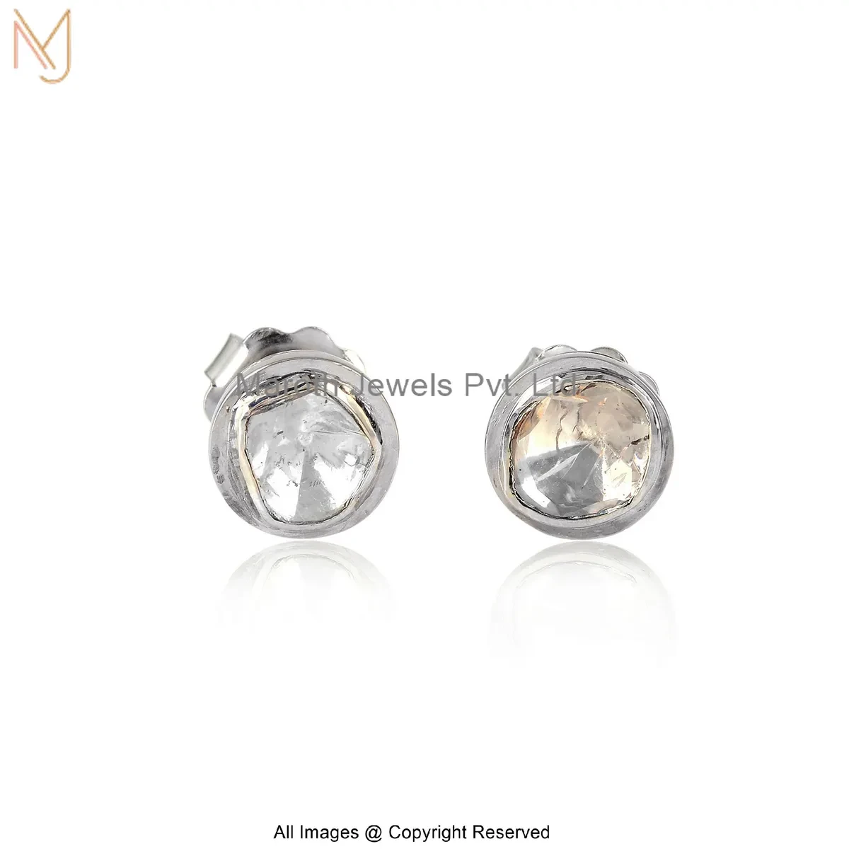 14K White Gold Raw Crystal Round Stud Earrings Custom Jewelry