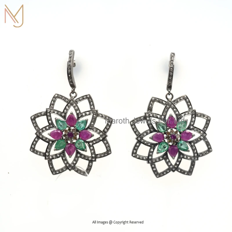 Private Lable 925 Silver Rhodium Plated Diamond Emerald And Ruby Star Shape Earring