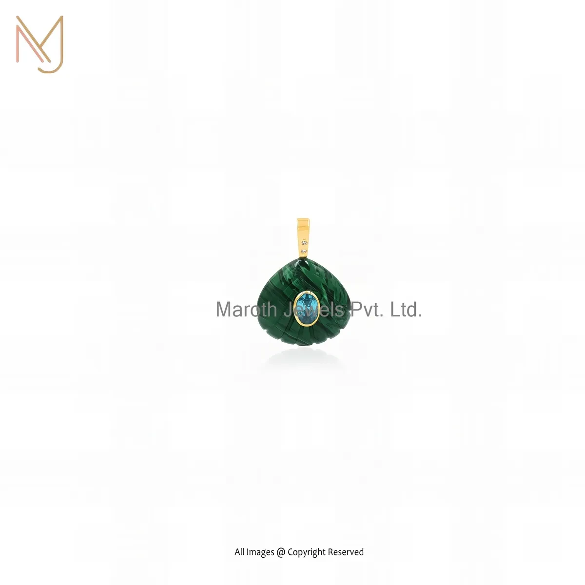 Private Lable 14K Yellow Gold Blue Tapaz And Cubic Zircon & Malachite Shell Pendant
