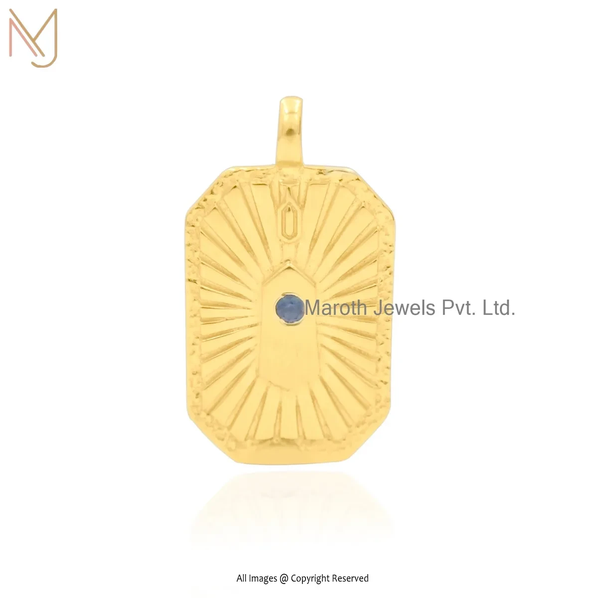 Private Lable 925 Silver Yellow Gold Plated Blue Sapphire Fluted Sacred Scapular Pendant