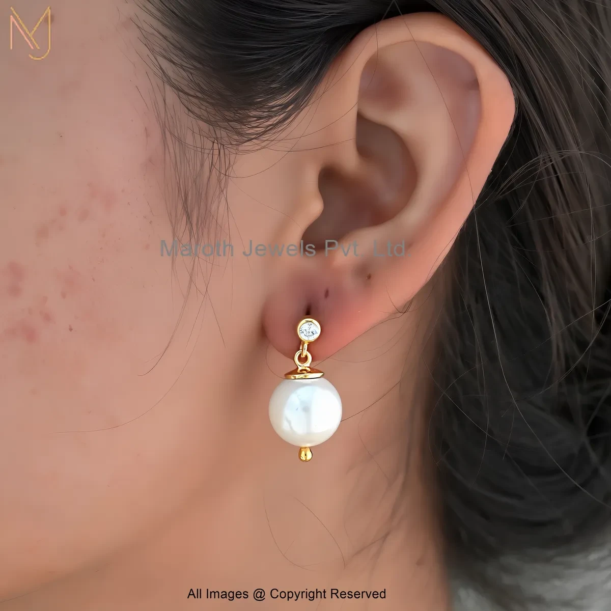 14K Yellow Gold Diamond Gold-Toned Pearl Drop Earrings Manufacturer