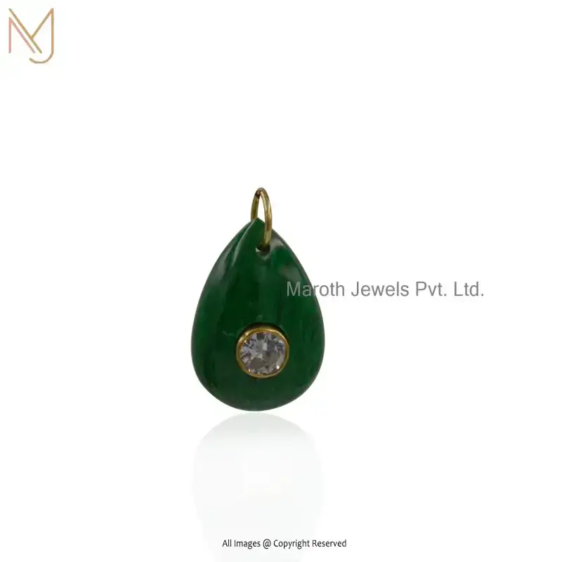 925 Sterling Silver Yellow Gold Plated Moonstone And Green CZ Teardrop Pendant USA