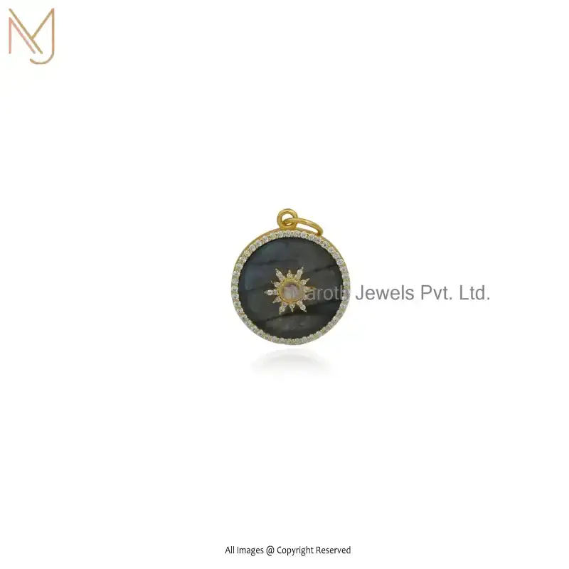 925 Sterling Silver Yellow Gold Plated Labradorite And Moissanite Star Disc Pendant Manufacturer