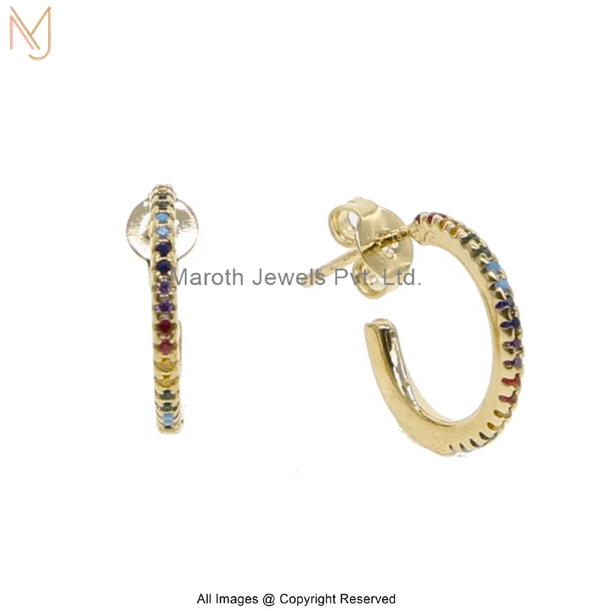 925 Silver Yellow Gold Plated Diamond Multi Gemstone Hoop Huggies Earring Jewelry Supplier