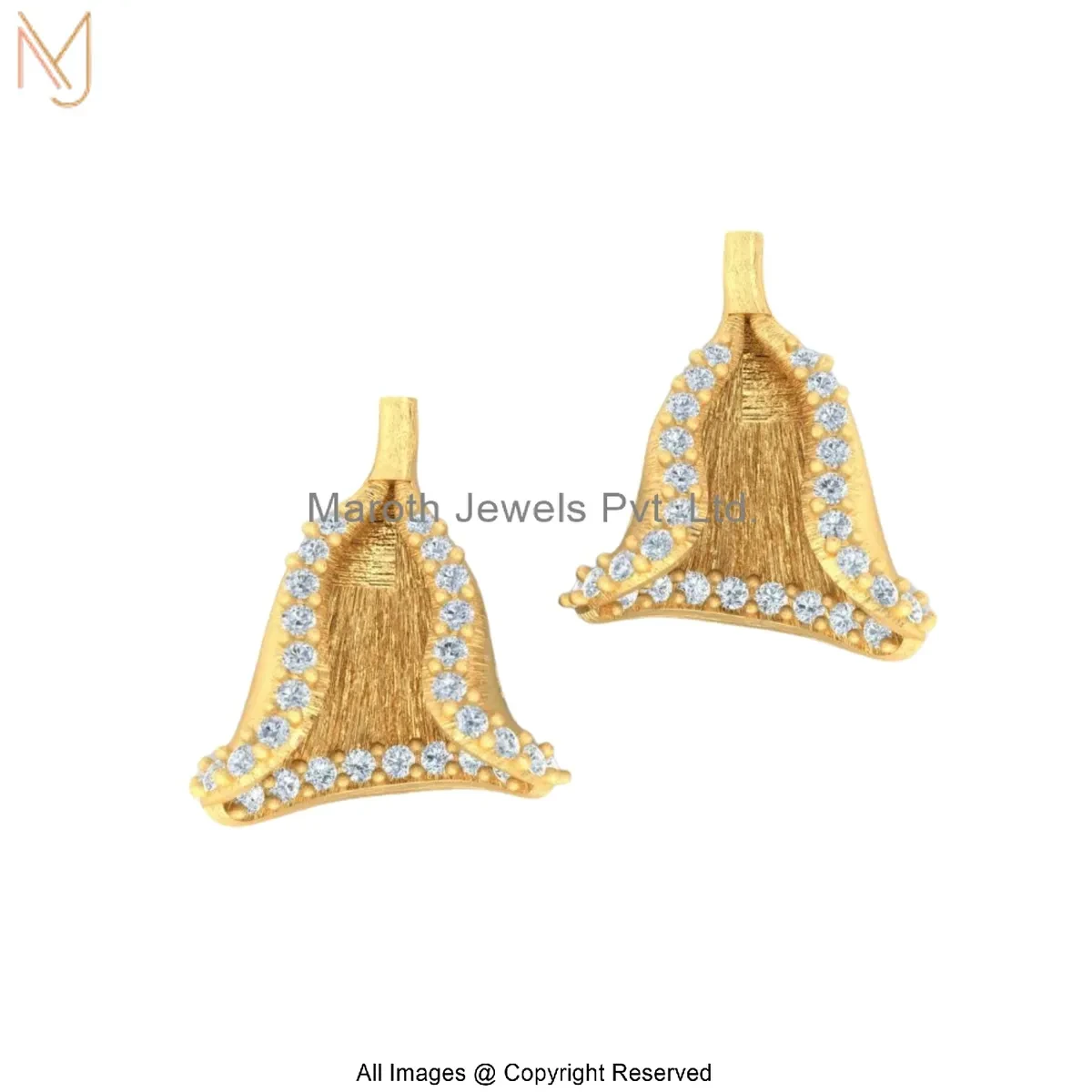 Private Lable 18K Yellow Gold Dia-SI-GH Textured Gold Finish Stone Border Bell Drop Earrings
