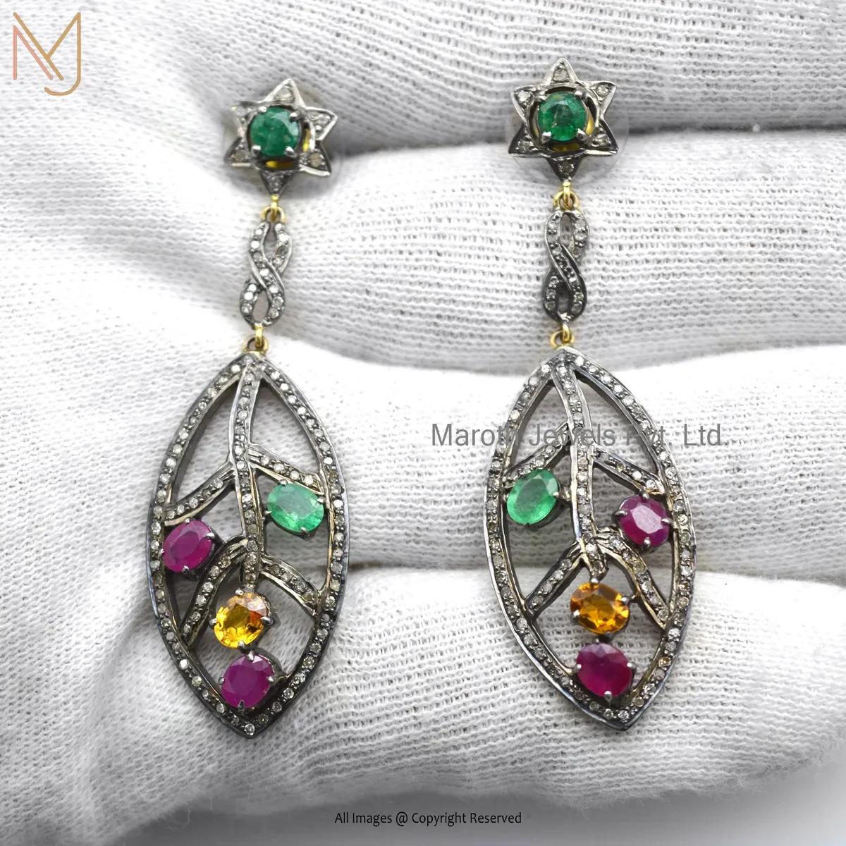 925 Silver Yellow Gold Plated Pave Diamond Multi Gemstone Teardrop Earring Manufacturer