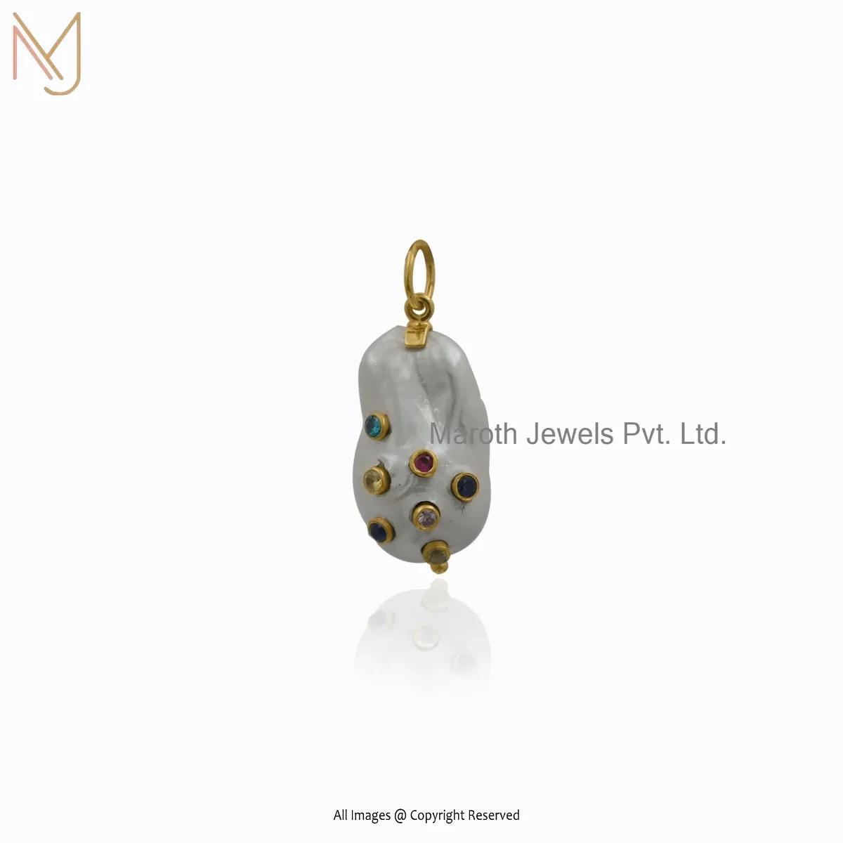 925 Silver Yellow Gold Plated Pearl & Multi Gemstone Baroque Pendant Custom Jewelry