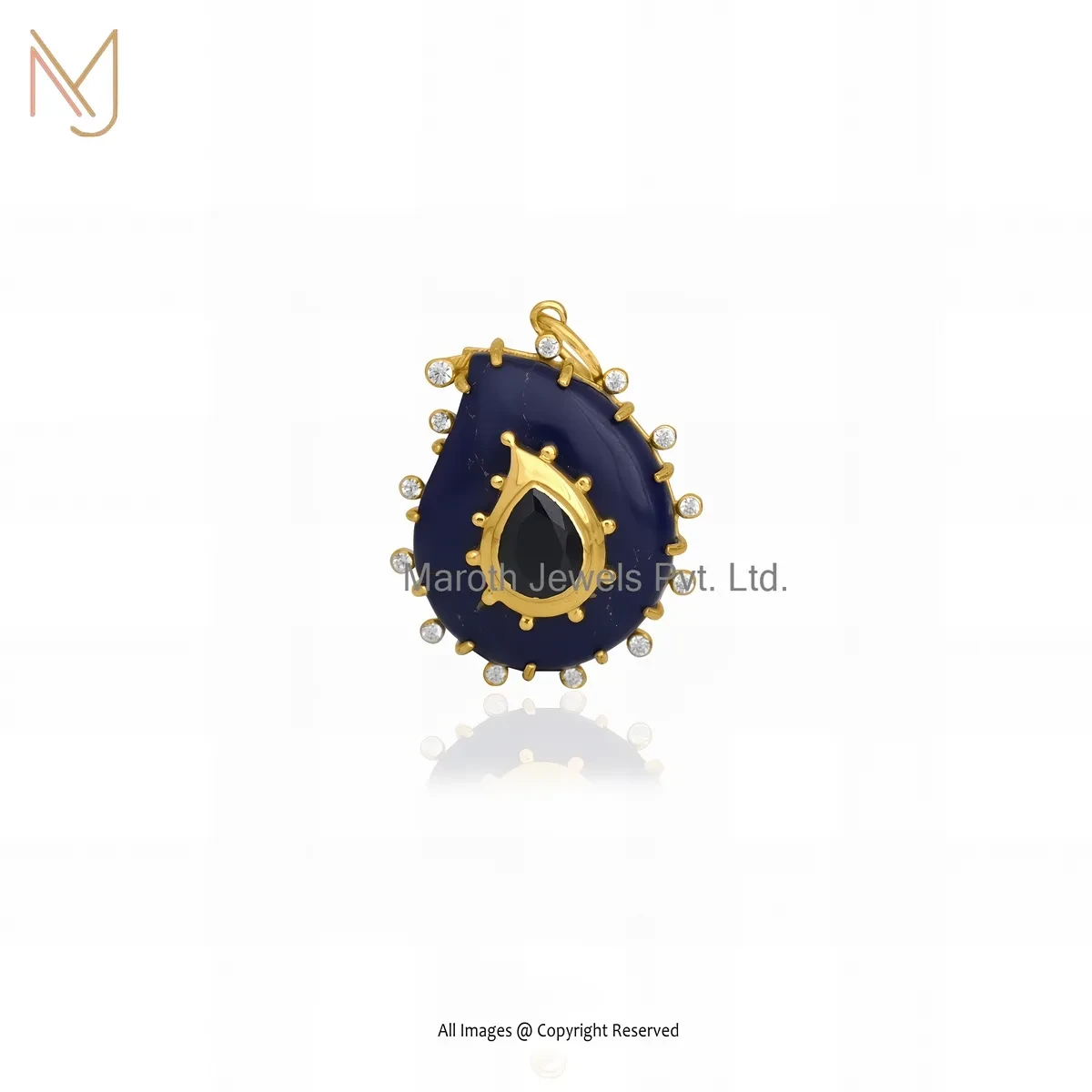 Wholesale 14K Yellow Gold Cubic Zircon & Lapiz Lazuli Gemstone Drop Pendant